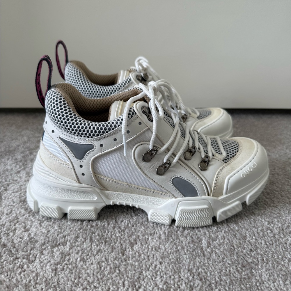 GUCCI Flashtrek Sneakers - Size 38 - White/Cream/Gray - Great Condition
